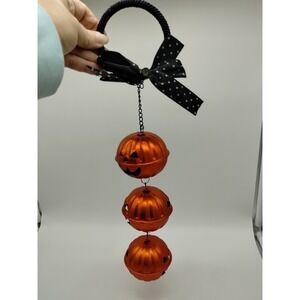 3 Orange Halloween Pumpkin Jack O Lantern Door Handle Double Sided Bells Hanger